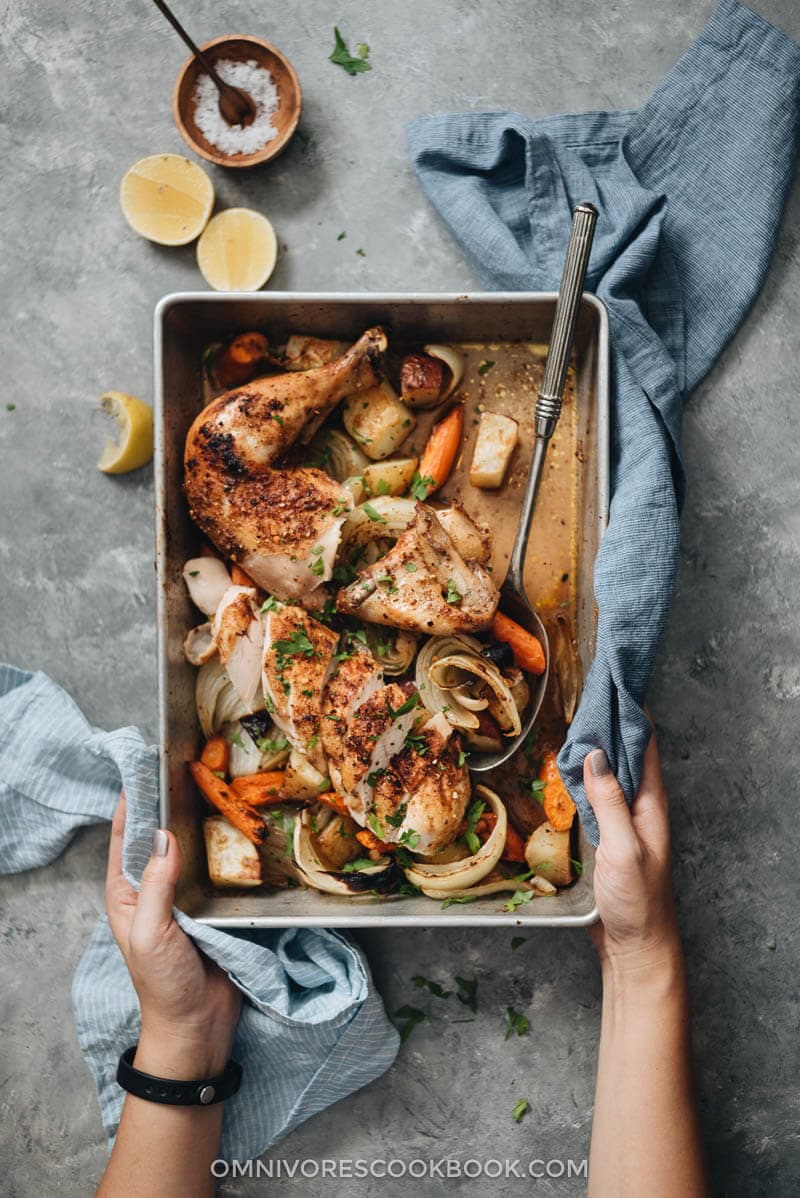 The chicken is roasted until perfectly charred and juicy inside, while the vegetables are tender and flavorful. It is a great weekend one-pan dinner that takes little effort to prepare. {Gluten Free}