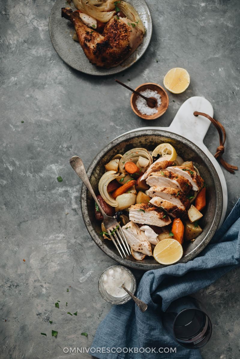 The chicken is roasted until perfectly charred and juicy inside, while the vegetables are tender and flavorful. It is a great weekend one-pan dinner that takes little effort to prepare.