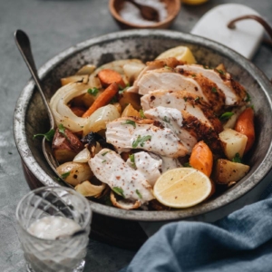 The chicken is roasted until perfectly charred and juicy inside, while the vegetables are tender and flavorful. It is a great weekend one-pan dinner that takes little effort to prepare. Drizzle with some creamy sauce and dinner is all set.
