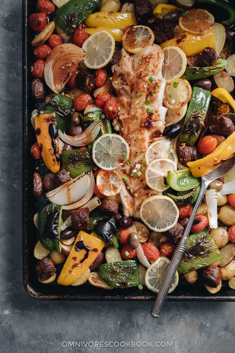 Macanese Broiled Fish with Potato and Peppers (One Pan Dinner) - A super delicious and healthy sheet pan dinner that can be done in 30 minutes.