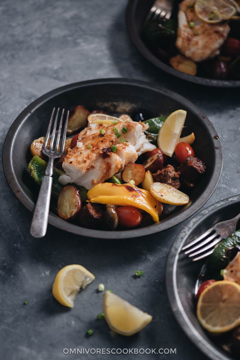 Macanese Broiled Fish with Potato and Peppers (One Pan Dinner) - A super delicious and healthy sheet pan dinner that can be done in 30 minutes.
