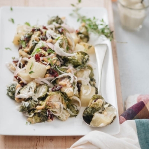 Creamy Potato and Brussels Sprouts Salad - A comforting and healthy side dish for the holiday season, and is satisfying enough to serve as a main dish for a weekday dinner. {Vegan, Gluten-Free}