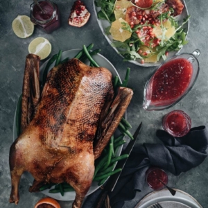 Slow Roast Goose With Black Currant Sauce - A perfect dish for your Thanksgiving or Christmas dinner, which you can make in advance with minimal hands-on time. The recipe yields extra juicy meat with crispy skin.