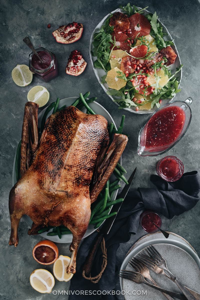 Slow Roast Goose With Black Currant Sauce - A perfect dish for your Thanksgiving or Christmas dinner, which you can make in advance with minimal hands-on time. The recipe yields extra juicy meat with crispy skin.