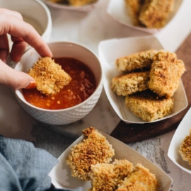 The most amazing vegetarian nuggets are baked to crispy perfection. They’re the perfect appetizer for your next game day party or movie night snack.