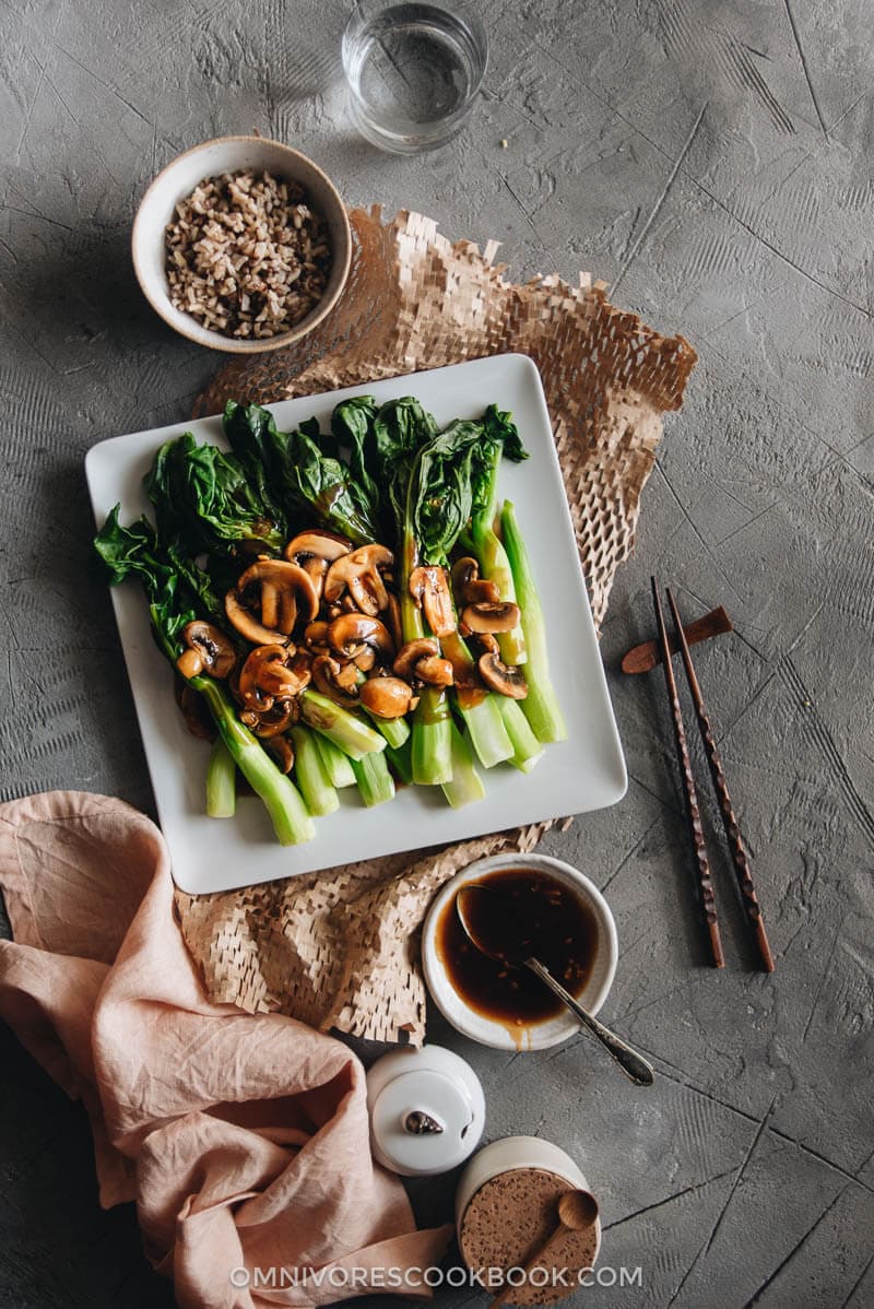 The Chinese broccoli is steamed and served with stir fried mushrooms and a scrumptious brown sauce. It’s a quick and delicious way to put plenty of veggies on your dinner table. {Vegetarian, Gluten-Free Adaptable}