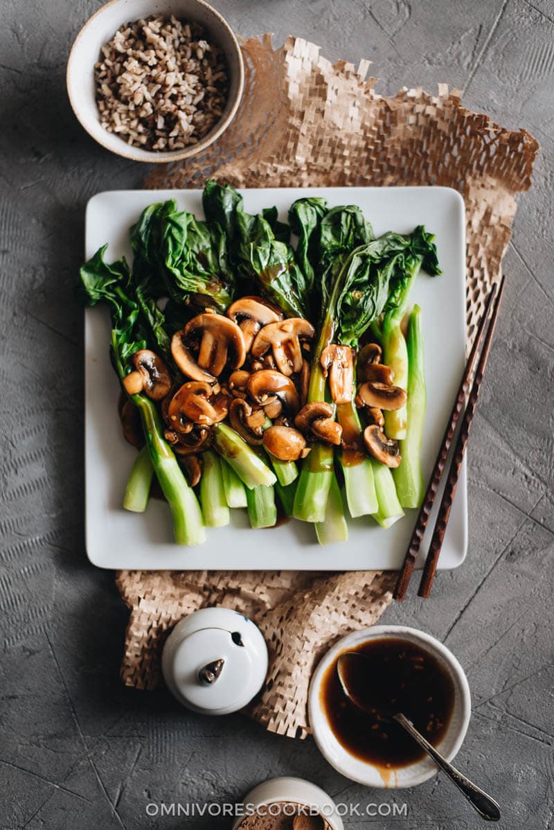 The Chinese broccoli is steamed and served with stir fried mushrooms and a scrumptious brown sauce. It’s a quick and delicious way to put plenty of veggies on your dinner table. {Vegetarian, Gluten-Free Adaptable}