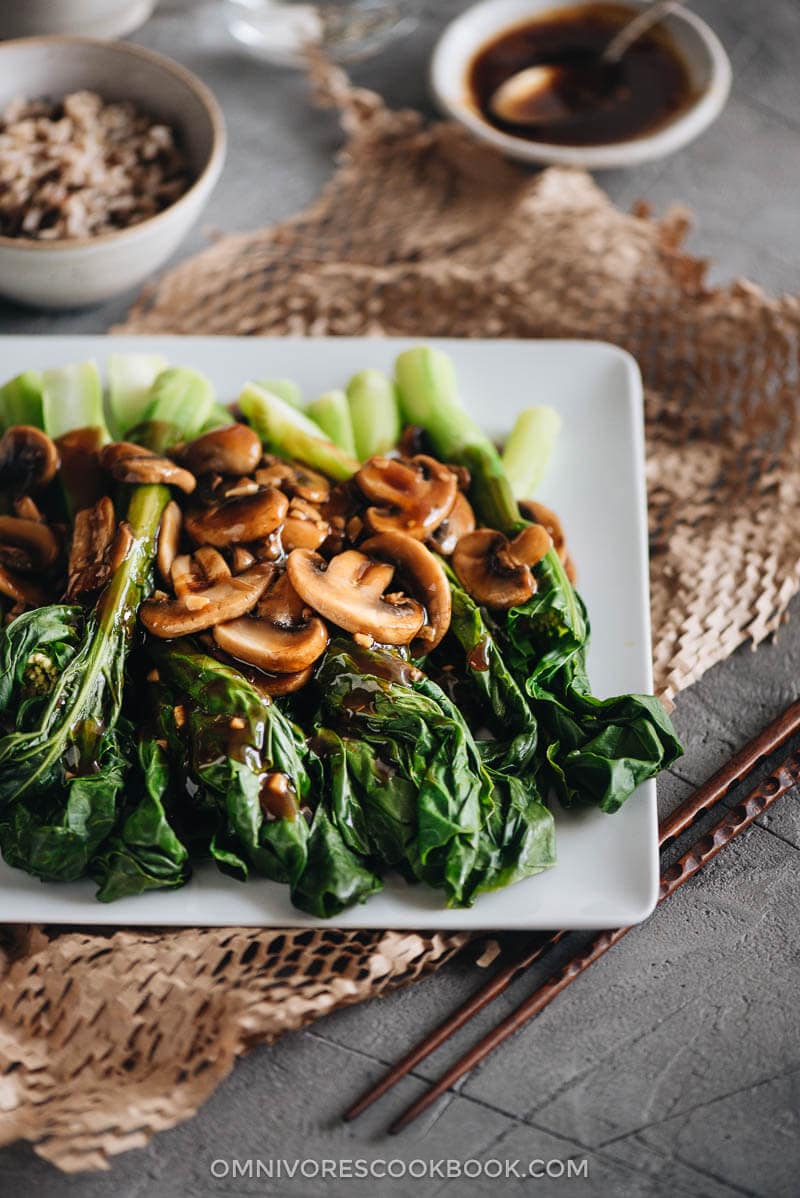 The Chinese broccoli is steamed and served with stir fried mushrooms and a scrumptious brown sauce. It’s a quick and delicious way to put plenty of veggies on your dinner table. {Vegetarian, Gluten-Free Adaptable}