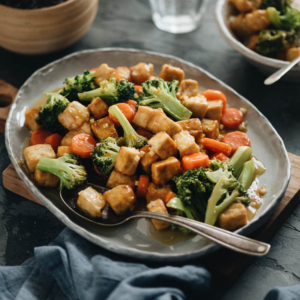Air Fryer Tofu with broccoli and carrot squared picture