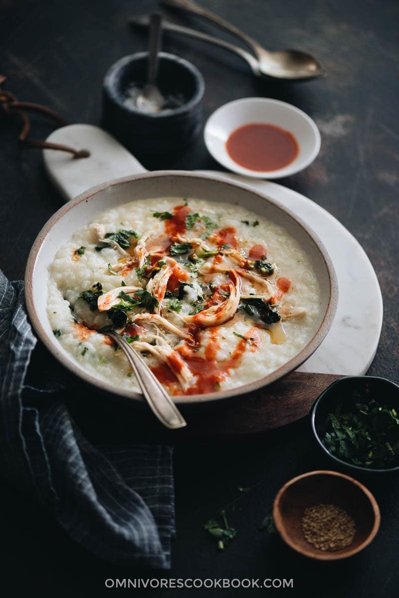 Instant Pot congee with chicken and spinach served in a bowl