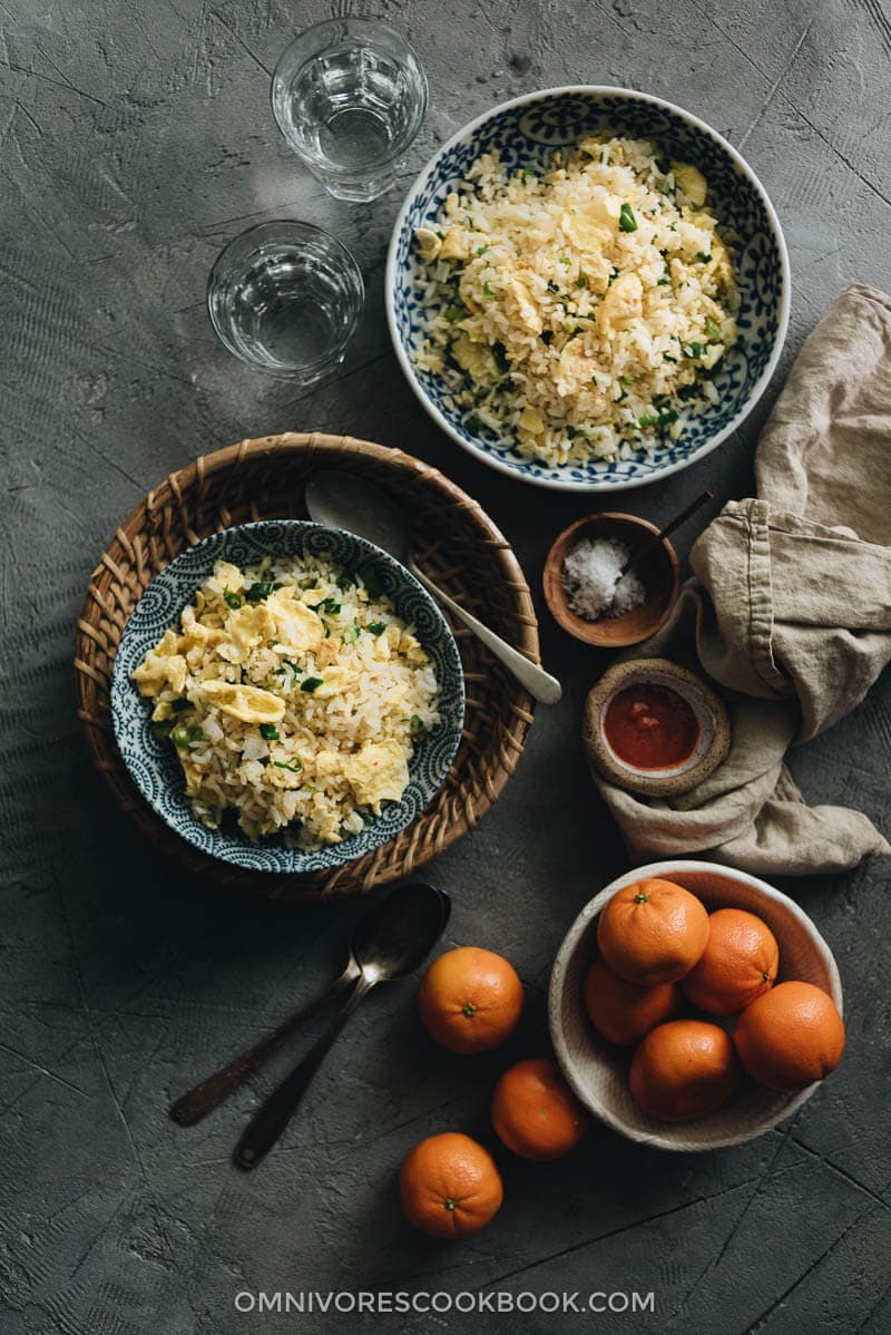 Homemade egg fried rice served on two plates