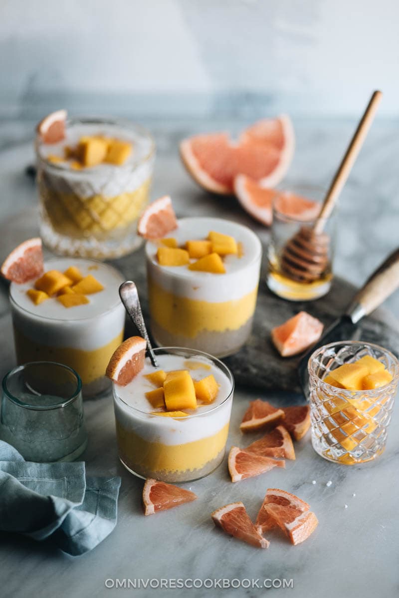 Restaurant-style mango sago showing three layers