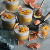 Learn to make restaurant-style mango sago with three beautiful layers that are creamy, fruity, and loaded with goodies. It’s so easy to make and low in calories. #dessert #fruits #mango #asian #recipes #glutenfree #vegetarian