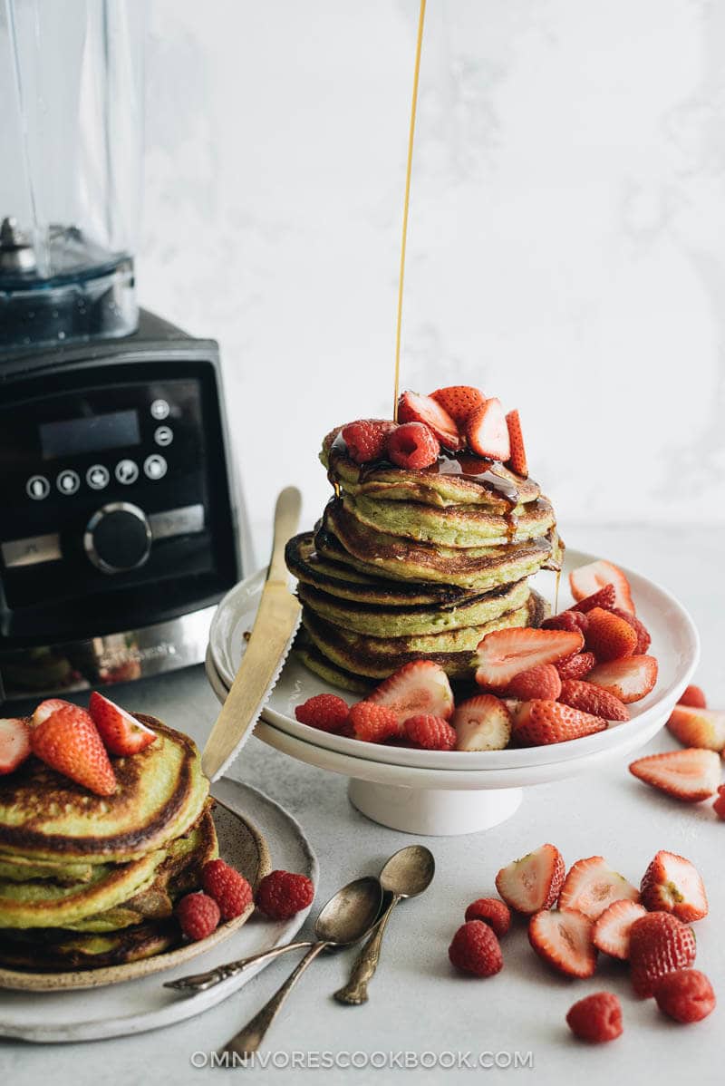 Two stacks of matcha pancakes