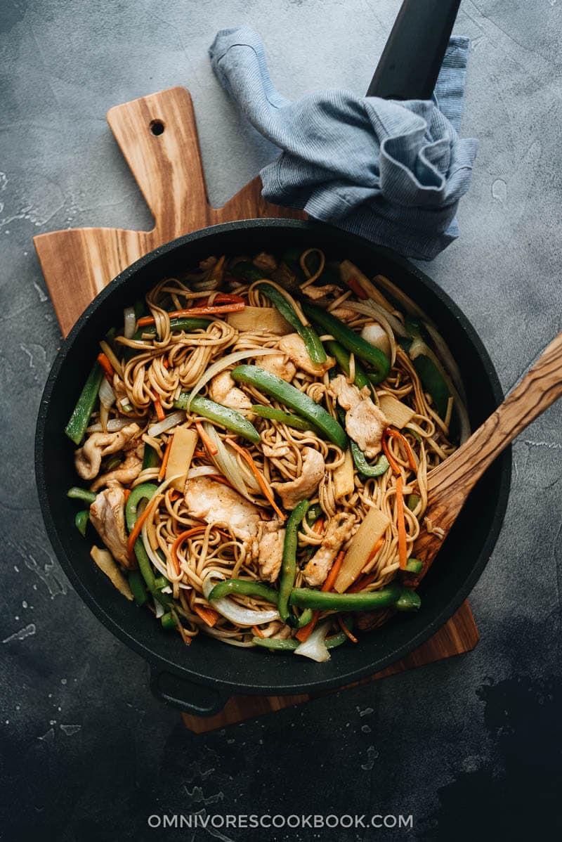 Chicken Lo Mein with peppers, onion, and bamboo shoots