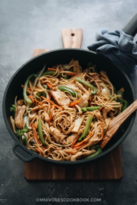 Chicken Lo Mein with peppers, onion, and bamboo shoots close up