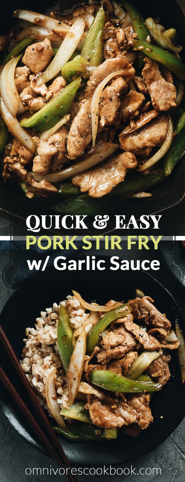 Tender juicy pork, stir fried with crispy peppers and onions in a garlicky savory sauce. Not only is it so easy and fast to make, but it also makes a great weekday main dish with affordable ingredients and is loaded with nutrition. #pork #pepper #stirfry #recipes #dinner