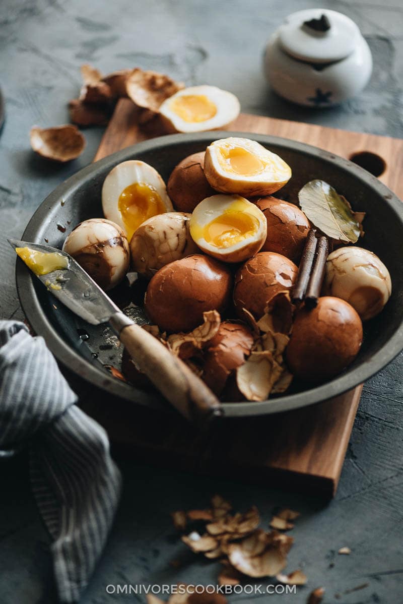 Chinese Tea Eggs close with runny egg yolk close up