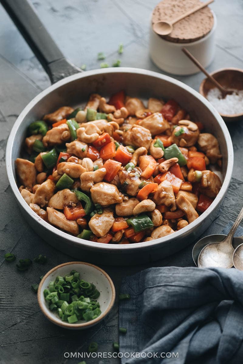 Restaurant style cashew chicken in a pan
