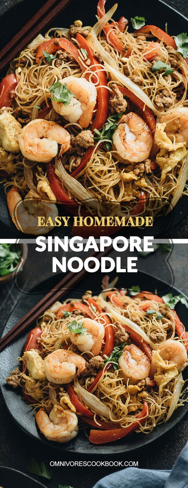 Easy Singapore Noodles (Singapore Mei Fun) - An Authentic recipe that teaches you how to create the best Singapore noodles loaded with shrimp, pork, and eggs, with a flavorful curry sauce. The dish is gluten-free and vegetarian adaptable. #asian #veggie #healthy #stirfry #chinese
