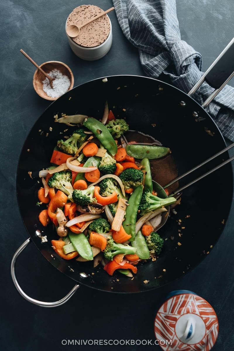 Mixed vegetable stir fry in a wok