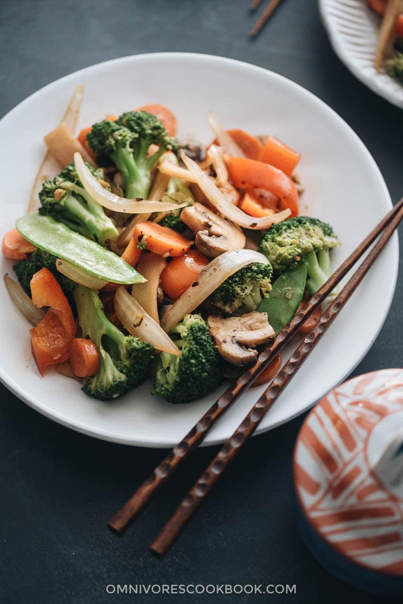 Chinese vegetable stir fry served in a plate close up