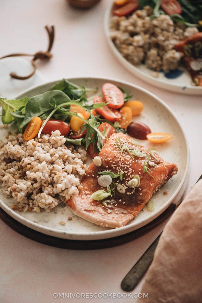 Sous-vide salmon with Asian sauce served with brown rice and salad close up