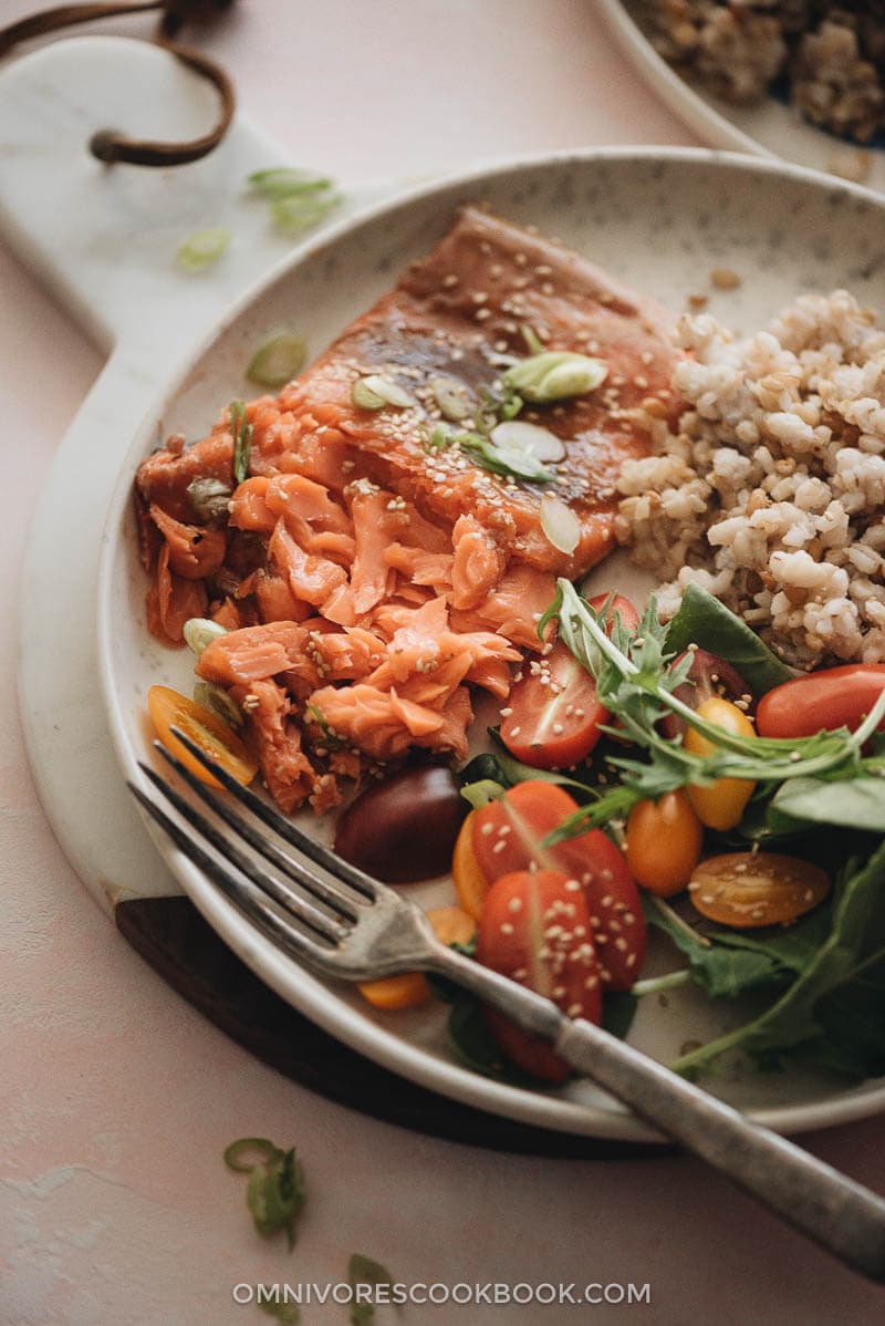 Moist flaky sous-vide salmon with Asian sauce