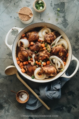 Filipino chicken adobo with onion and carrot