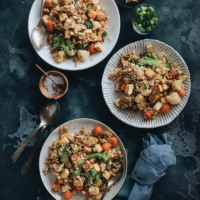 Tofu fried rice with broccoli, cauliflower, and carrots