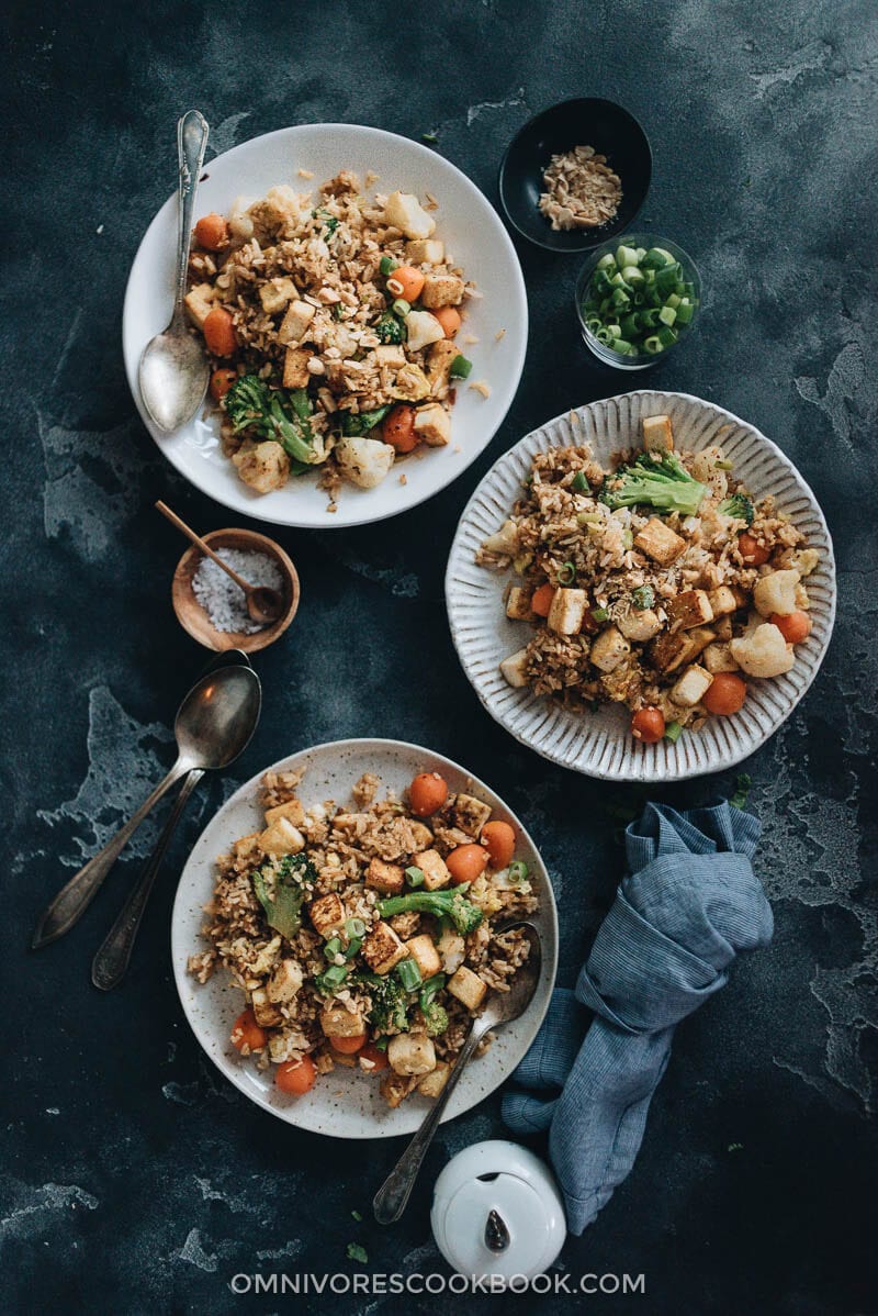 Tofu fried rice with broccoli, cauliflower, and carrots