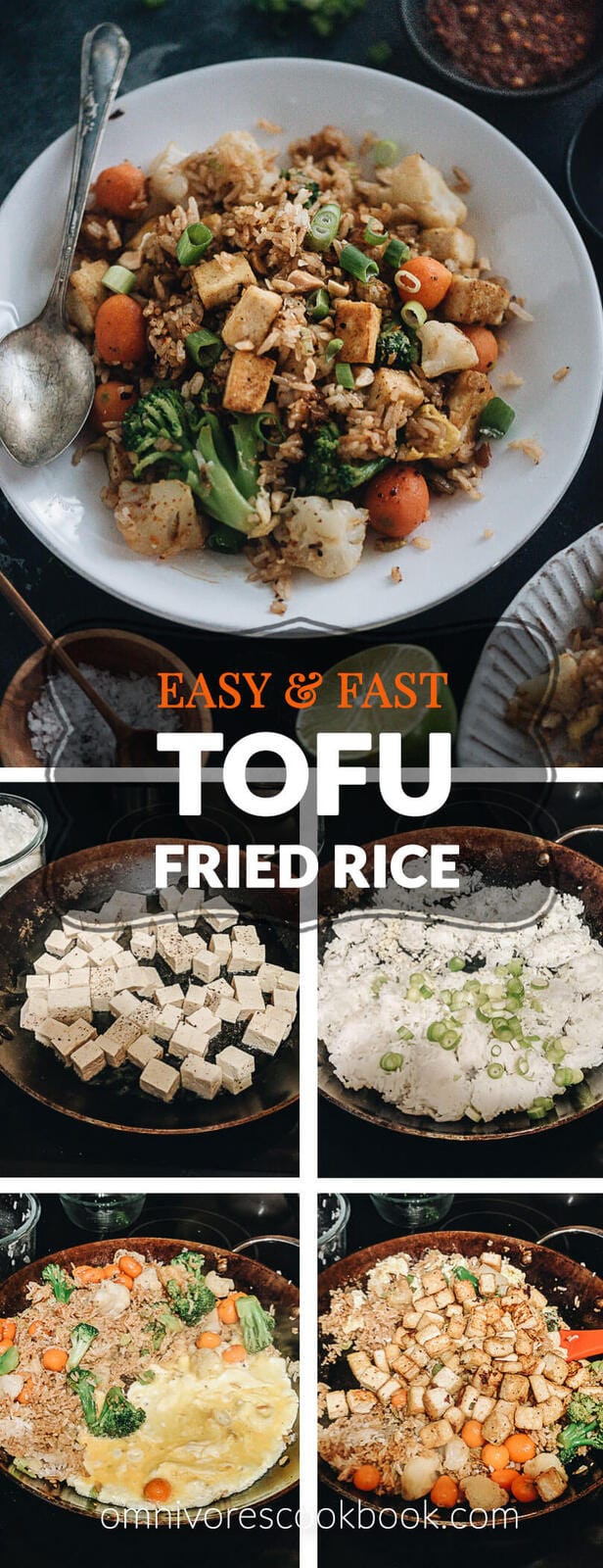 Easy tofu fried rice - A healthy and delicious one-pot meal that you can whip up in 20 minutes. The charred rice is bursting with flavor and loaded with vegetables and lean protein. {Vegetarian, Gluten-free adaptable} #healthy #withegg #vegetable #recipe