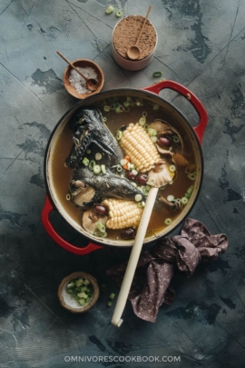 Chinese silkie chicken soup served in a dutch oven