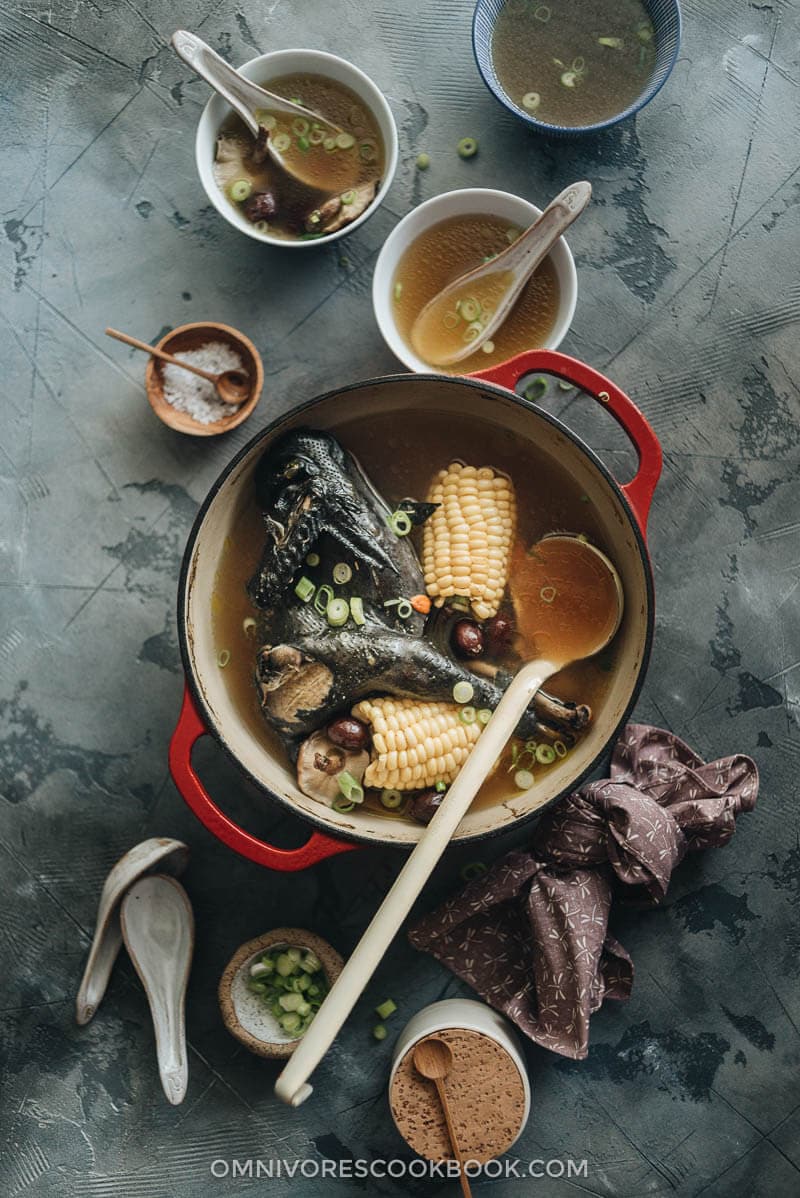 Chinese silkie chicken soup served in pot and bowls