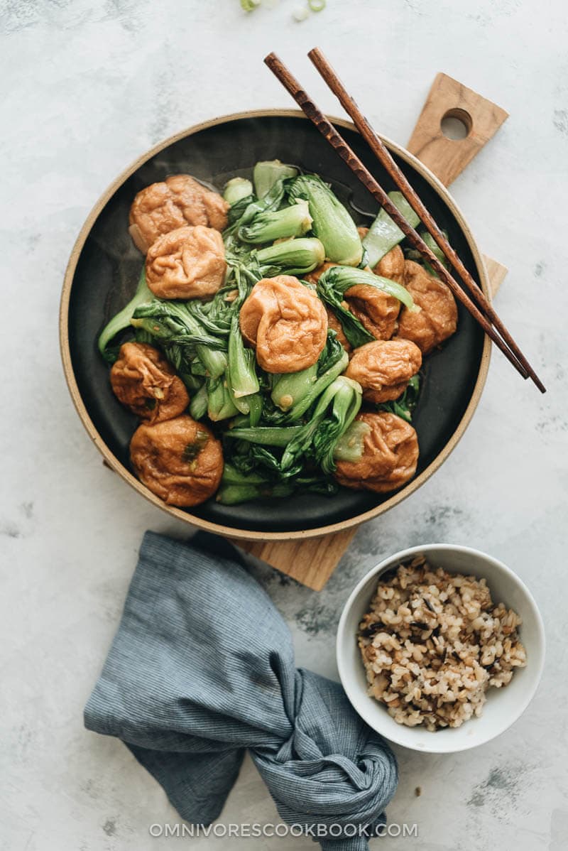 Stir fried baby bok choy with gluten balls served with brown rice