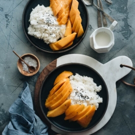 Traditional Thai mango sticky rice served in plates