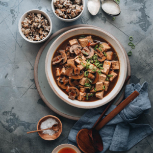 Vegetarian mapo tofu served with rice