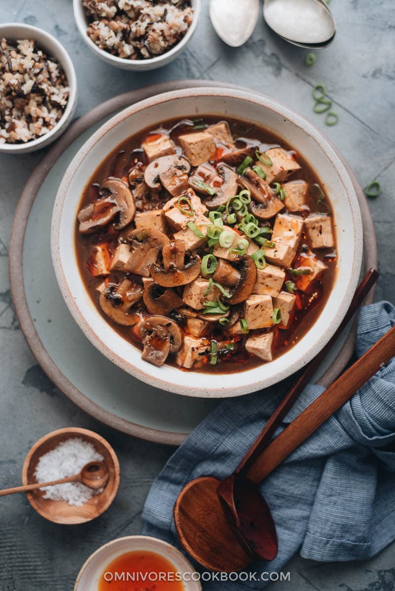 Vegetarian mapo tofu with mushrooms