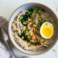 Learn how to create a hearty, whole grain savory oatmeal bowl with only 4 ingredients and in 5 minutes!