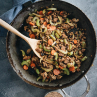 Ground beef stir fry with celery in a frying pan
