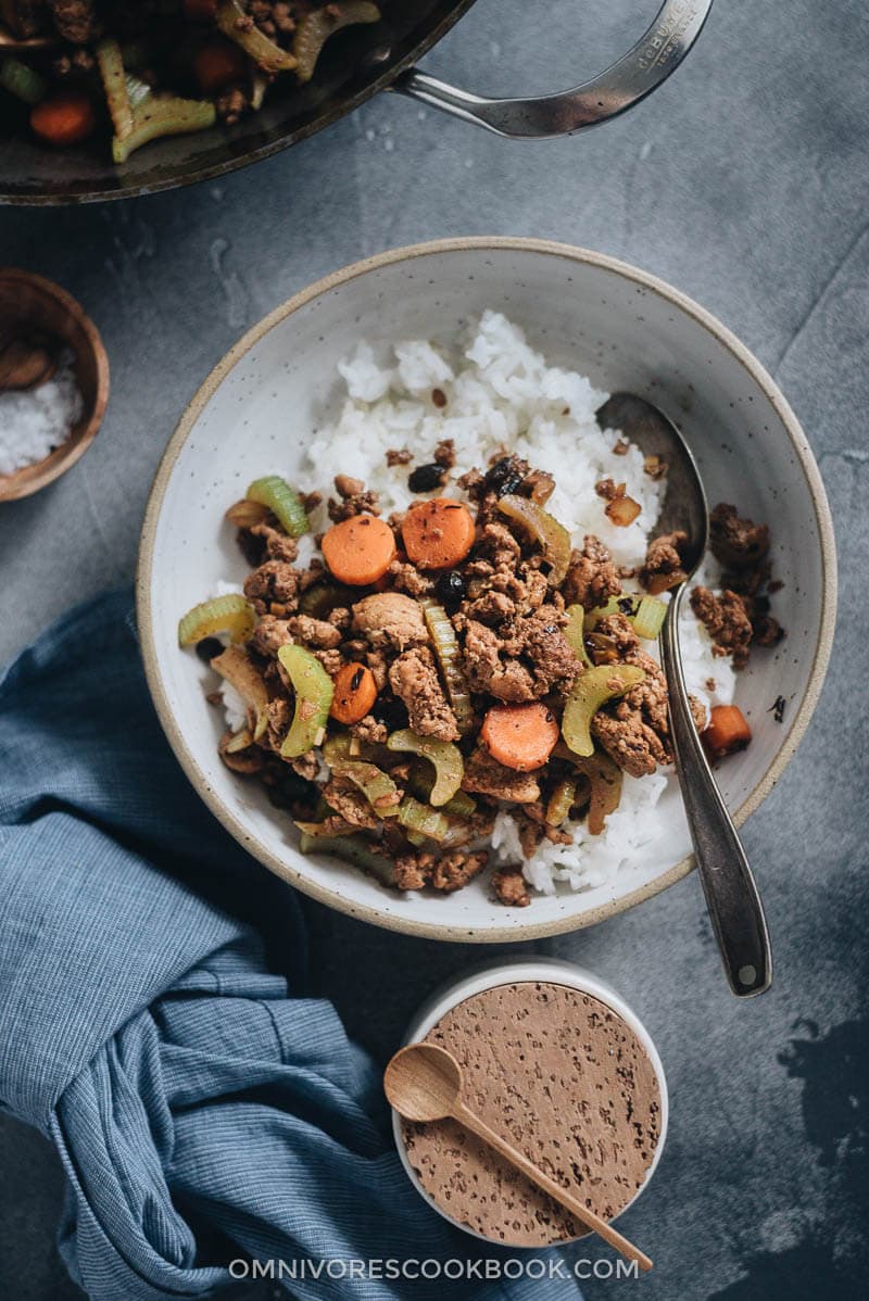 Ground beef stir fry with celery served over steamed rice