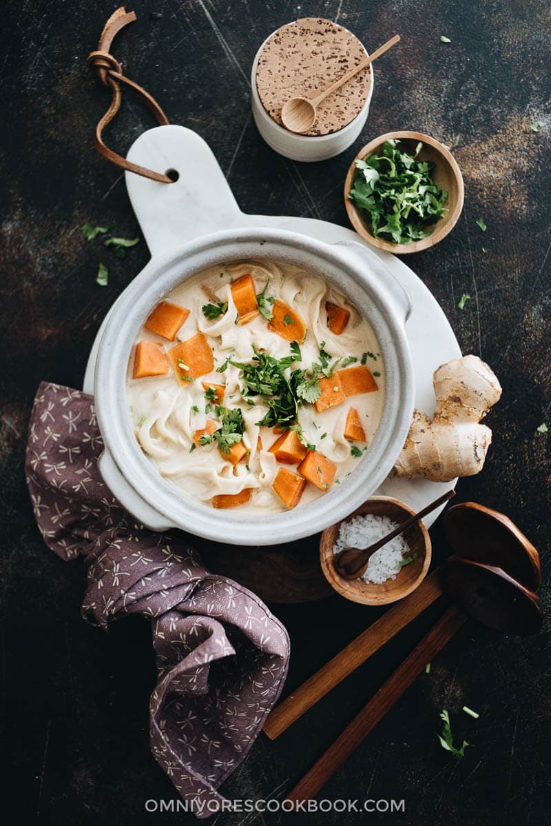 5-Ingredient coconut noodle soup served on marble board