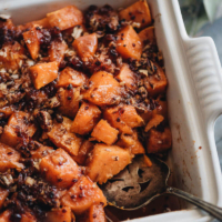 Red Currant Miso Glazed Sweet Potato Casserole - Integrating some Asian elements to make your hearty sweet potato casserole stand out on the Thanksgiving dinner table. #vegetarian #vegan #ad #BEAKITCHENHERO