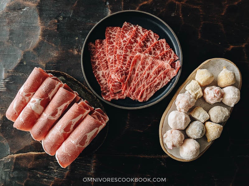 Sliced meat and fish balls for Chinese hot pot