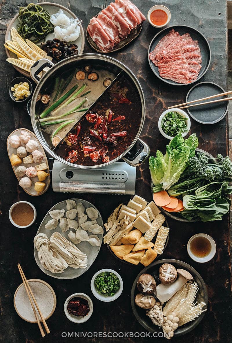 Spread of a Chinese hot pot party feast