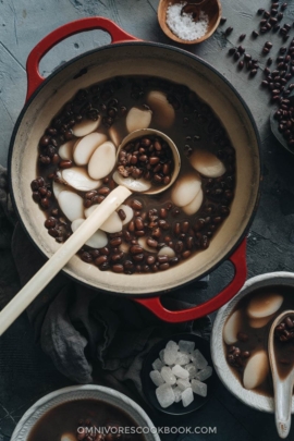 Chinese red bean soup in a pot close up