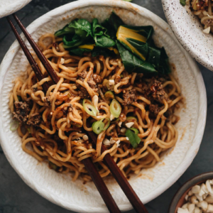 Vegan dan dan noodles close up