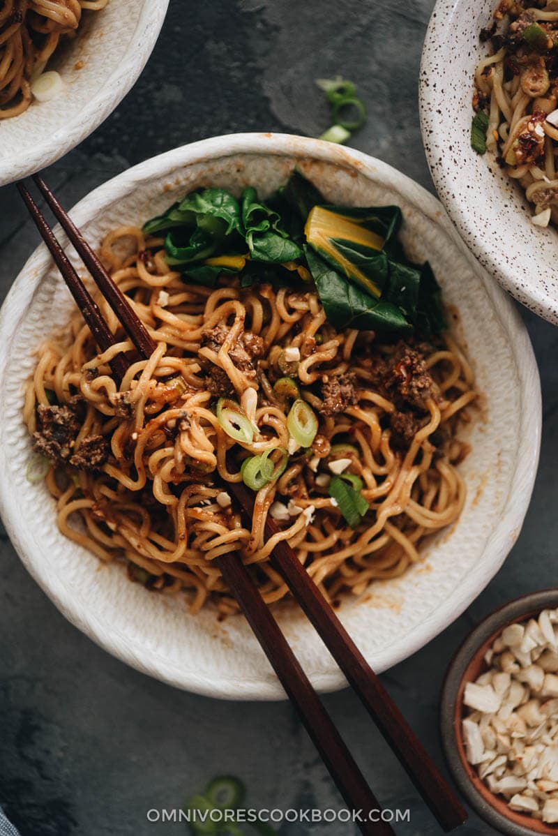 Vegan dan dan noodles close up