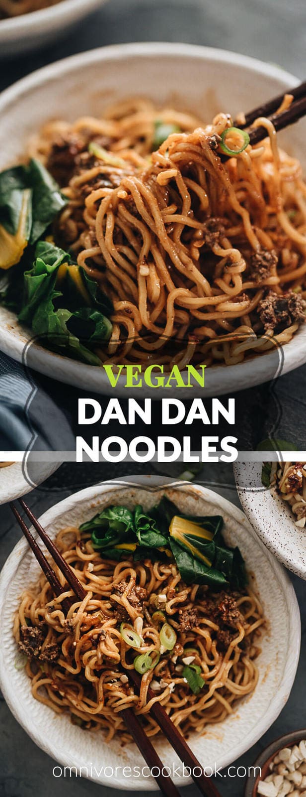 Vegan Dan Dan noodles - The tender noodles are served with a rich sauce that is nutty, spicy, and extra fragrant, with a hint of sweetness. It also comes with a vegan recipe for a flavorful “meat” topping that tastes great and clings to the noodles, just like real meat. Be careful, this dish is addictively tasty! {Gluten Free adaptable} #chinese #recipes