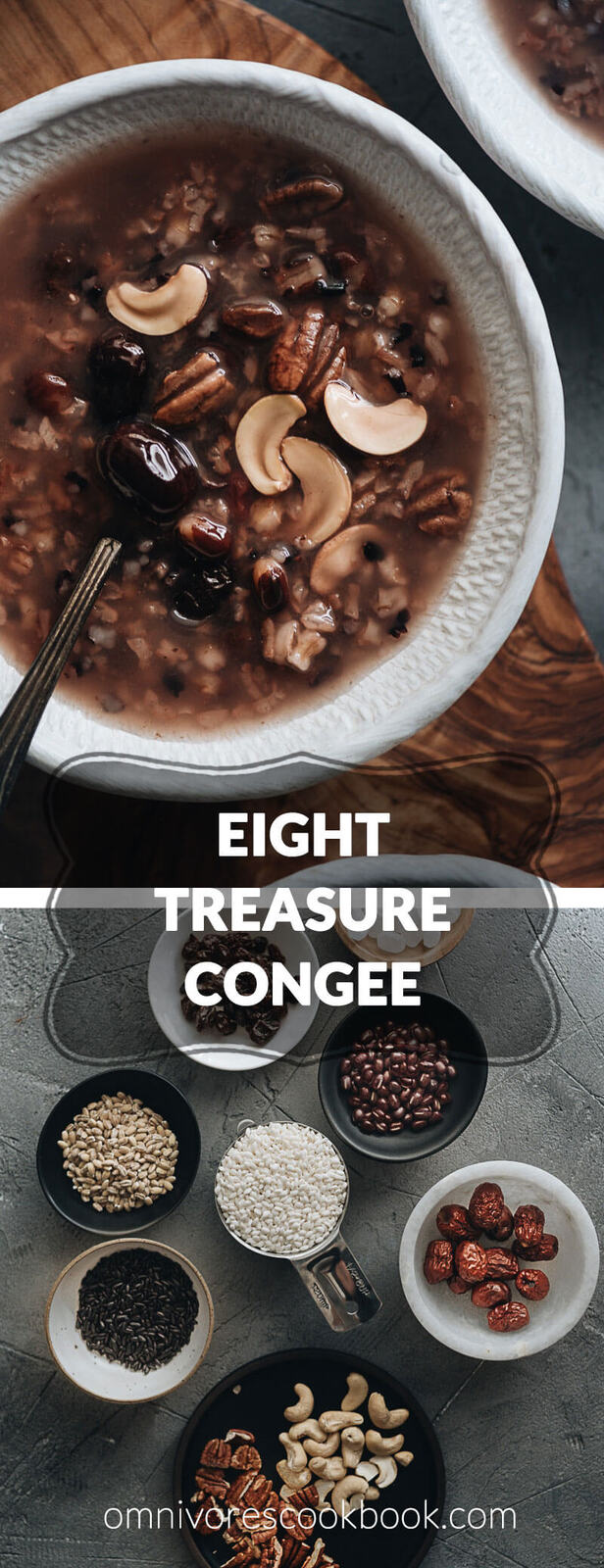 Eight Treasure Congee - Made with whole grains, nuts, and dried fruits, it’s nutritious, comforting, and easy to make. It’s a perfect side for a weekday dinner and it tastes as good as a dessert. Both stovetop and Instant Pot versions are included. #glutenfree #vegan